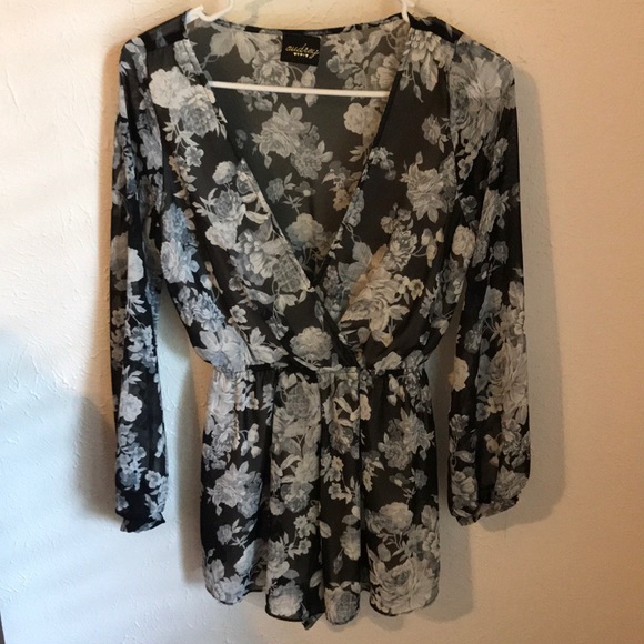 Black and White Plunging Floral Romper - Picture 1 of 5